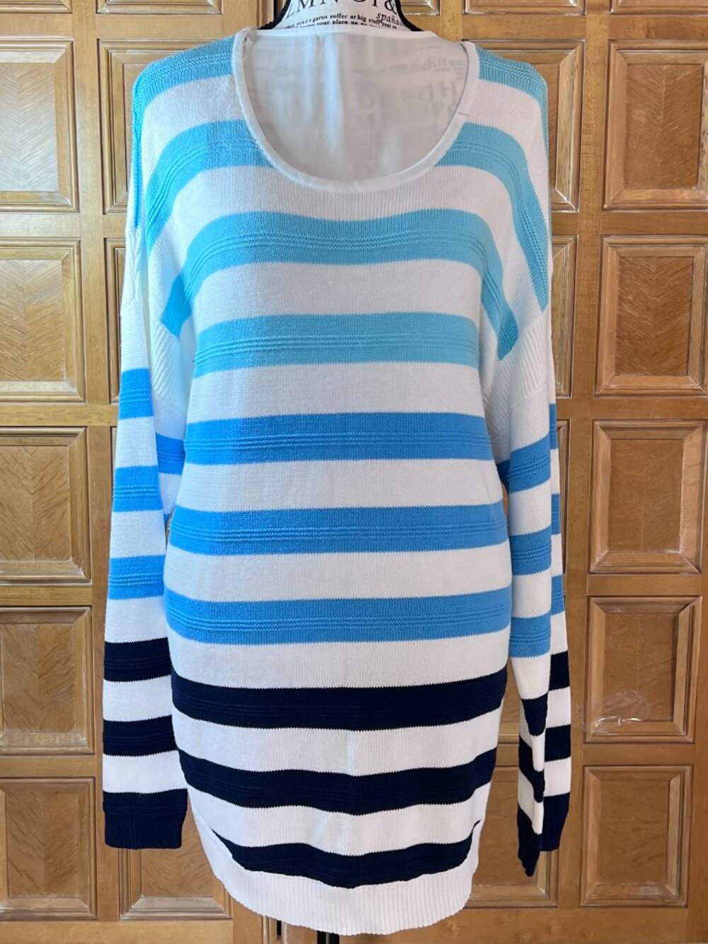 St. Johns Bay Womans Knit Pullover Striped Sweater XL White and Blues